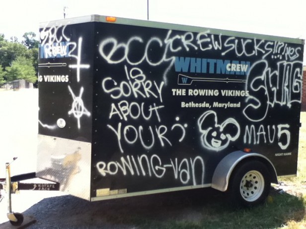 Graffiti covers the crew teams trailer, with some writing referencing Bethesda-Chevy Chase High School. Montgomery County Police are currently investigating the incident. Photo by Liam Knox.