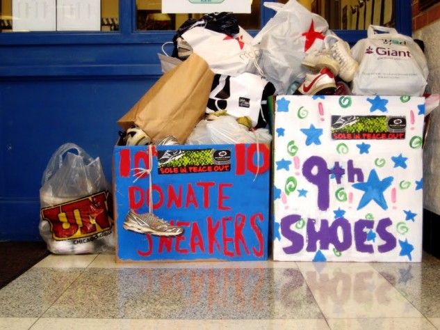 Sophomores and Freshman donate their used sneakers for Sole in. Peace out. fundraiser sponsored by Nike.
