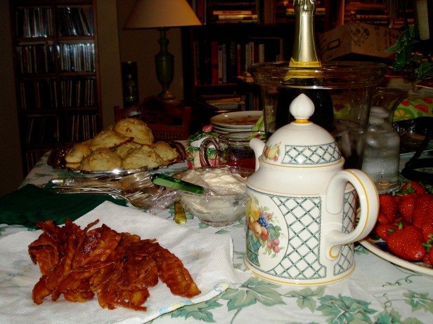 Scrumptious scones, strawberries and English tea line the breakfast table at the Guarinos house. Hoping to catch a glimpse of real British royalty, Guarino and her family woke up at 4 a.m. to watch the Royal Wedding April 29. Photo by Katie Guarino.