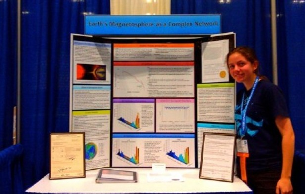 Senior Julia Cline presents her project at the Science Montgomery fair in March. After winning the grand prize at the county fair, she qualified to the international Intel science fair in L.A. May 13 to 15. Photo courtesy Julia Cline.