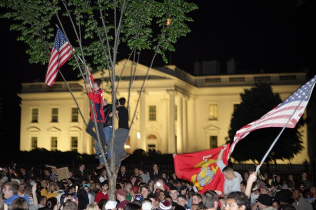 Crowds cheer outside the White House after President Obamas announcement that U.S. Navy Seals had killed Osama bin Laden. Photo courtesy www.cnbc.com.