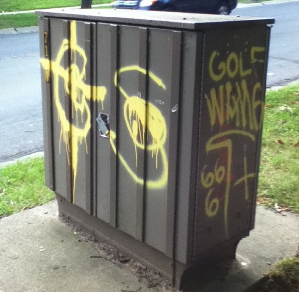 Graffiti covers an electrical box near school property June 7. Photo by Liam Knox.