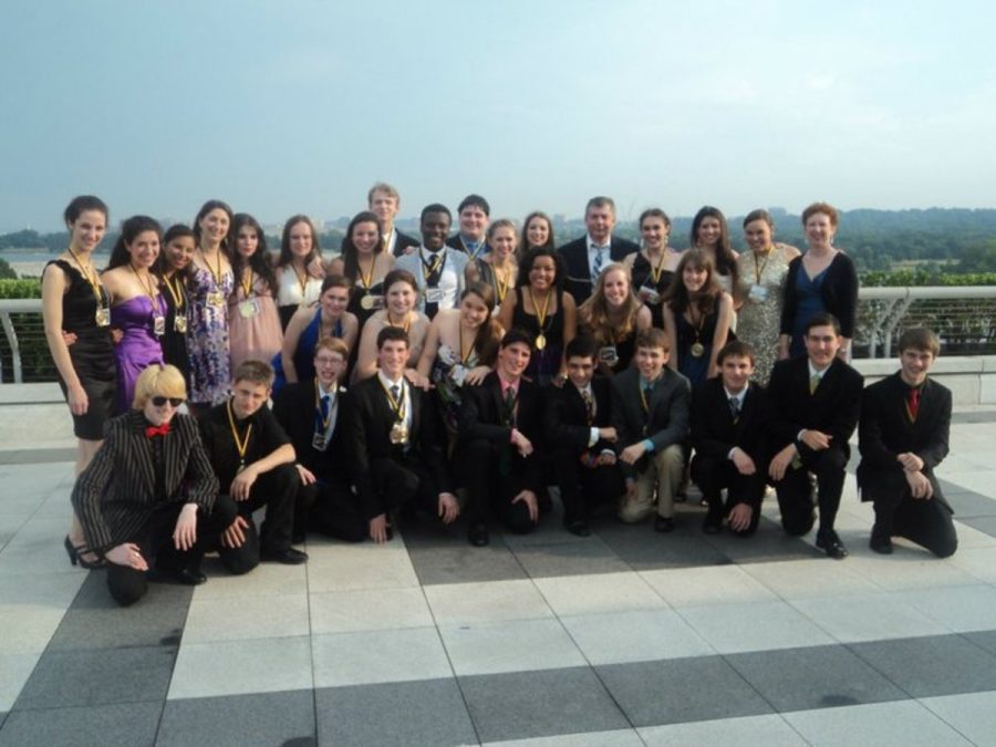 The cast and crew of Side Show pose outside the Kennedy Center with their Cappies Awards. Senior Coleman Quimby won Best Lighting for Side Show. Photo courtesy Elena Aragon.
