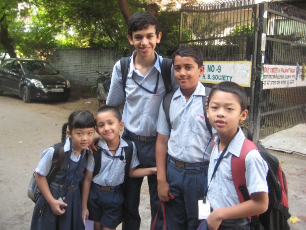 Blogger Eyal Hanfling, center, waits for the school bus every morning with his host siblings and host cousins. He is in India on a study abroad scholarship to learn Hindi. Photo courtesy Eyal Hanfling.