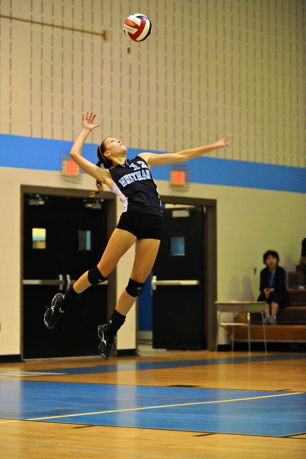 Middle blocker Catherine Benz goes up to spike the ball in the season opener. The Vikes defeated the Screaming Eagles 3-0 Sept 7. Photo by Billy Bird.  