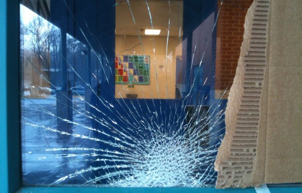 One of the glass windows in the doors by the auditorium entrance was shattered today during fifth lunch. Photo by Lucy Chen. 