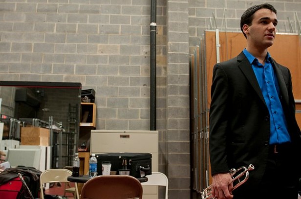 Senior Gabe Slesinger prepares himself before the final round of the National Trumpet Competition March 18. He went on to win the high school division. Photo courtesy Washington Times.
