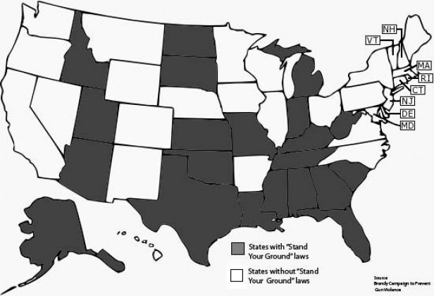 Twenty-two states currently have Stand Your Ground laws. The laws, which are pushed by the National Rifle Association, should be repealed because they provide criminals a defense for their crimes. Graphic by Katie Guarino.