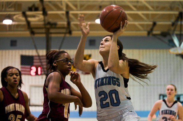 Forward Dani Okon goes up for a lay-up as the Vikes defeat the Paint Branch Panthers 49-31. Photo by Billy Bird.