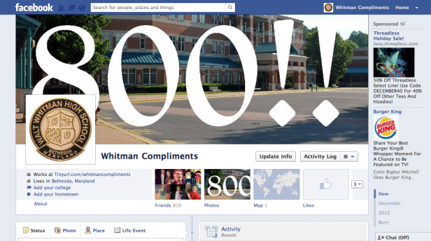 The Whitman Compliments page reached 800 compliments on its third day. Though the project ran for less than a week, the creator hopes its message will stay with the students at Whitman. Screenshot by Eyal Hanfling.