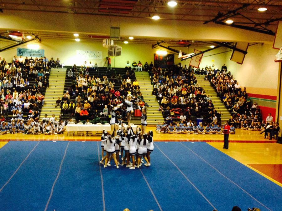 Cheerleading performs at the Montgomery County Division III Cheerleading competition at Blair High School Saturday. Although the girls did not place, their performance roused applause from several Whitmaniac fans. 