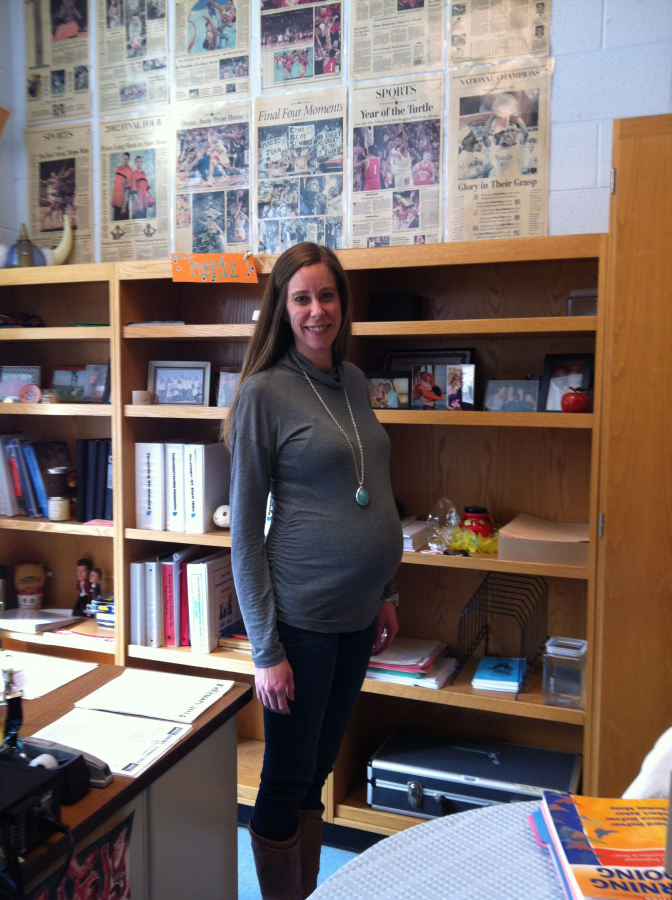 AP NSL teacher Suzy Johnson is expecting a baby girl. Johnson will begin maternity leave before the AP exam. Photo by Rebecca Meron.