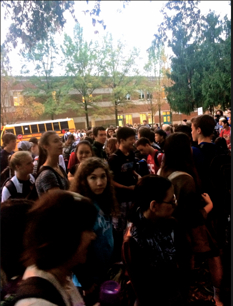 Students were forced to wait outside of Whittier Woods while the fire department responded to an alarm. Photo by Scott Singer.