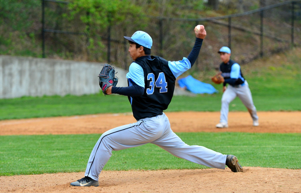 Pitcher Tyler Hwang was solid on the mound for the Vikings in their 10-3 rout of the Rockville Rams Saturday. Photo courtesy Adam Prill.