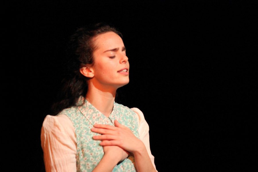 NYU graduate Arielle Goldman performs To Life, LChaim! The play, based entirely on Lowys experiences in the Holocaust, was performed at CESJDS April 26. Photo courtesy David Stein.
