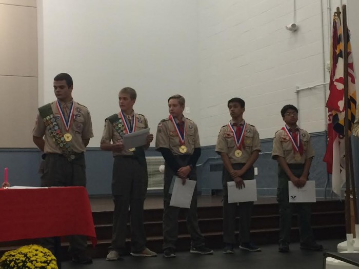 Four Whitman students and one Pyle student were awarded the President's Volunteer Service Gold Medal Monday evening. From Left to right: senior Thomas Montgomery, freshman Peter Montgomery, freshman Matthew Proestel, freshman Dillan Gangopadhyay and Pyle eighth grader Orion Gangopadhyay. 