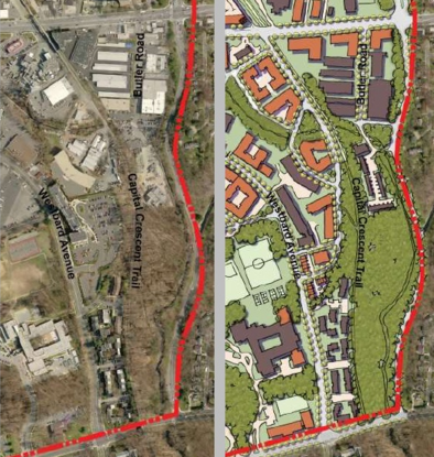 The Montgomery County Planning Department released these aerial views of what Westbard currently looks like (left) and what it may look like post-development (right).
Graphic courtesy Montgomery County Planning Department. 