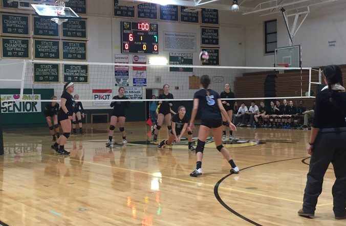 The Vikes set up for a spike at the beginning of the third set. Photo courtesy of Jennifer Webster.