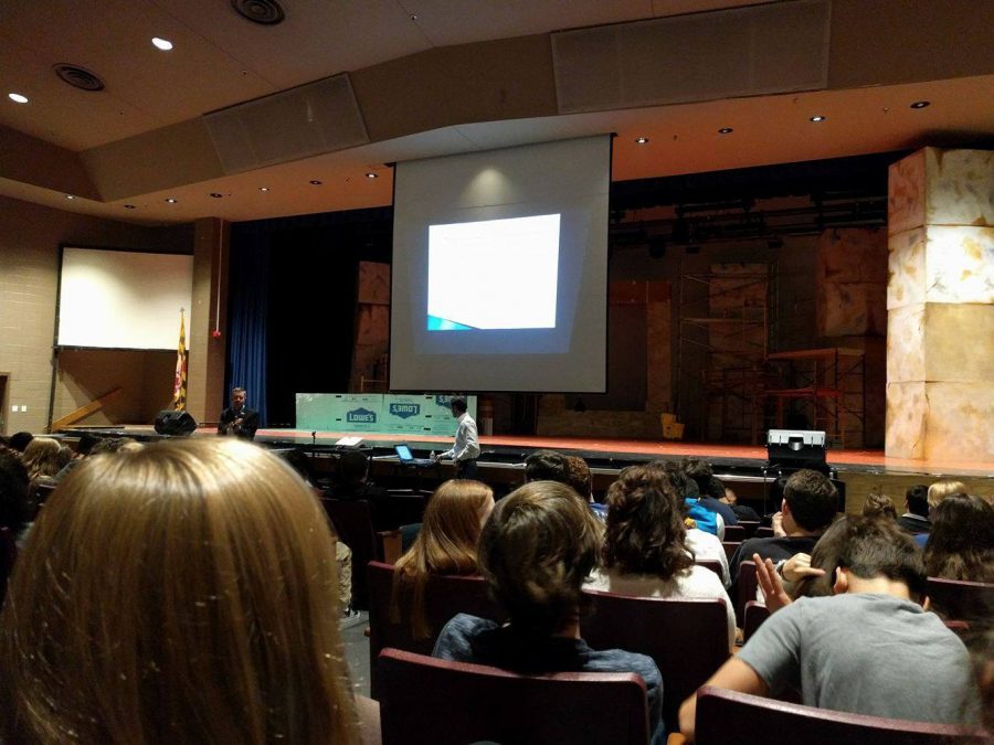 Personal injury lawyer Salvatore Zambri discusses the consequences of distracted driving and related statistics and videos with students in an assembly Nov. 9 in the auditorium. Photo by Sebi Sola-Sole.