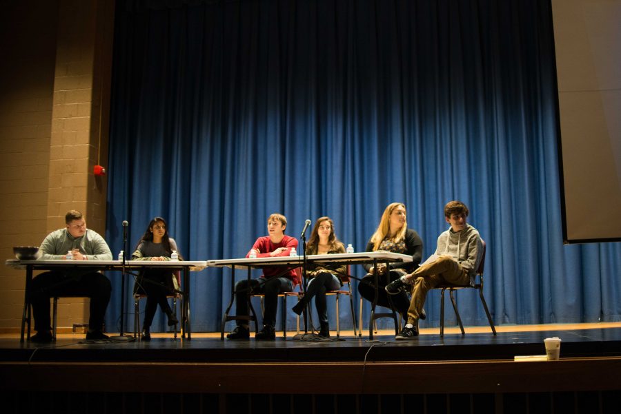 Seniors learned about life after Whitman from panel members Matt DeMember (Linganore High ‘16), Medha Swaminathan (‘15), Daniel Levine (‘13), Jessica Rebarber (‘13), and Kimmy Hudock (‘05). Photo by Tomas Castro.