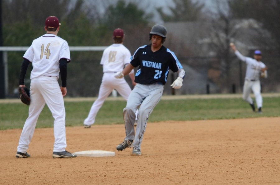 First baseman Noah Clement hit a double and a triple in the team's victory over Paint Branch. Photo courtesy of Whitman baseball.
