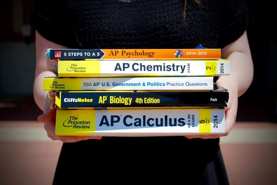Students+carry+stacks+of+AP+review+books+to+prepare+for+AP+tests%2C+but+many+teachers+still+require+students+to+complete+thick+review+guides.+Photo+by+Olivia+Matthews.