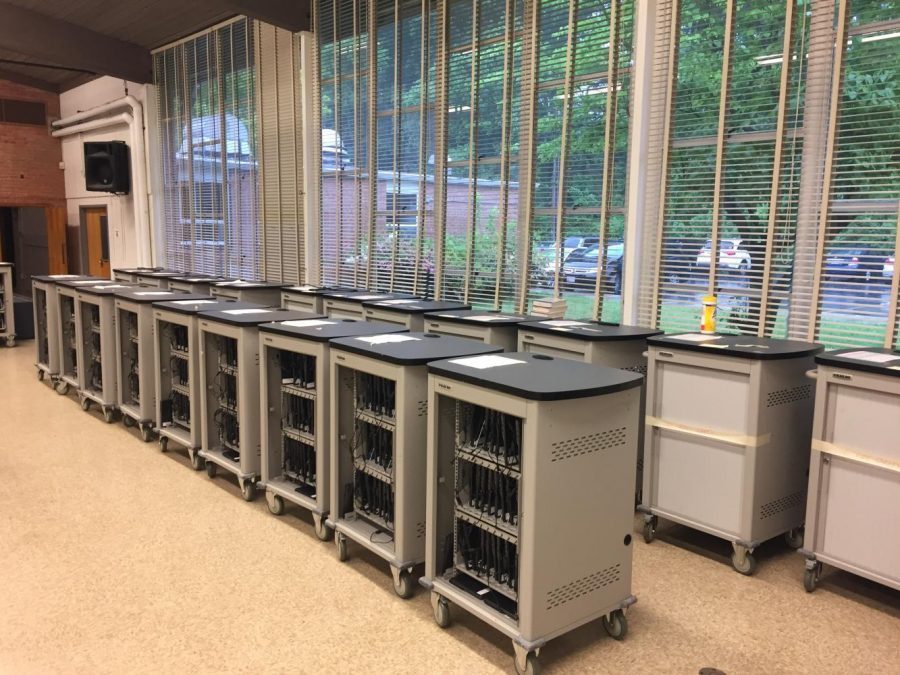Administration removed Chromebook carts from classes to inventory them for PARCC and HSA testing. Photo by Lily Jacobson. 