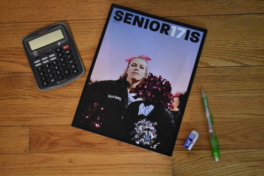 The magazine titled SENIOR17IS features cheerleader Grace Hering at a football game on the cover. Castro designed the magazine using the program InDesign and finished it in May. Photo by Mira Dwyer. 