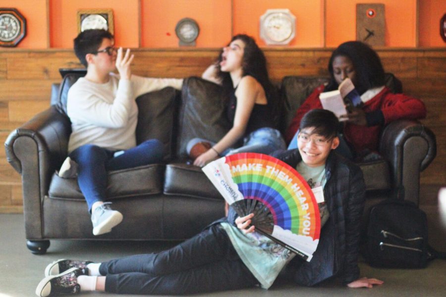 Whitman freshman Brennan Connell, front, and other GenOUT members relax during a promotional photoshoot. Photo courtesy Camilla Barillas.