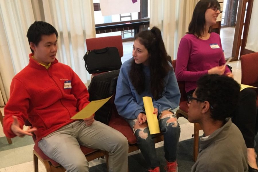 Students and staff participate in small group discussions at Whitman Study Circles at the first of two all-day retreats. MCPS Equity professionals were able to lead the discussions about race at Whitman.  Photo courtesy John Landesman.