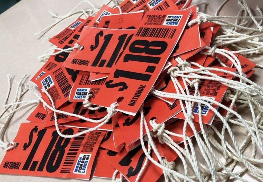 Members of NASAGV made price tags to show their frustration with the lack of gun violence legislation. The tags were first distributed May 18. Photo courtesy Rachel Zeidenberg.
