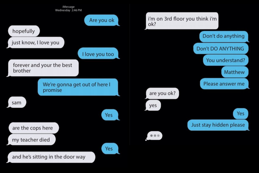 These text messages were taken from actual texts sent between Marjory Stoneman Douglas High School senior Sam Zeif and his younger brother Matthew Zeif, a freshman at the school, during the shooting. Both survived. Graphic by Iris Bernendes-Dean.