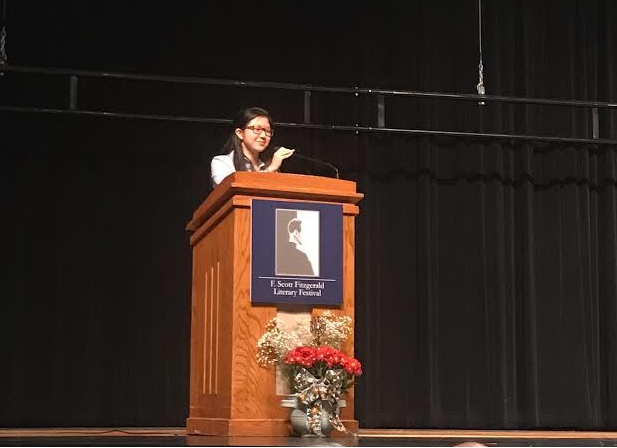 Senior Tina Xia gave a speech and read a part of her short story at the F. Scott Fitzgerald Literary Festival Oct. 20. Xias story won the Student Short Story contest, one of the three contests at the annual Festival. Photo courtesy Tina Xia.