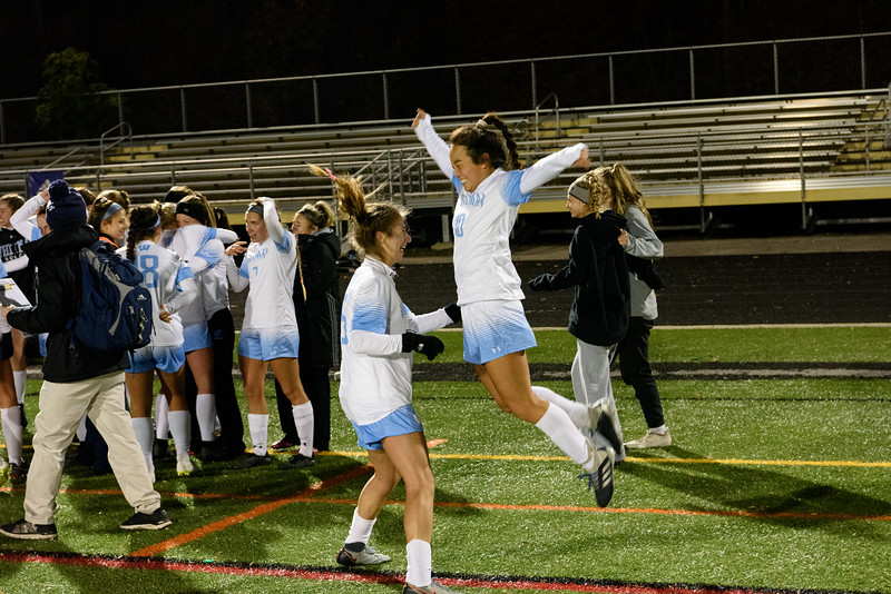 Midfielder Halle Cho and defender Lexi Fleck celebrate their state semi-final win over Severna Park. The Vikes will play Perry Hall Friday at 7:30 in the state final. Photo by Tom Knox. 