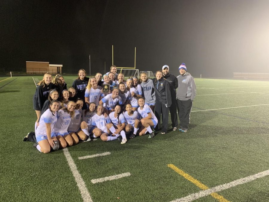 The girls soccer team celebrate their regional title after a last minute goal against Quince Orchard. The Vikes take on the Severna Park Falcons Saturday in the state semifinals. Photo courtesy Whitman soccer. 