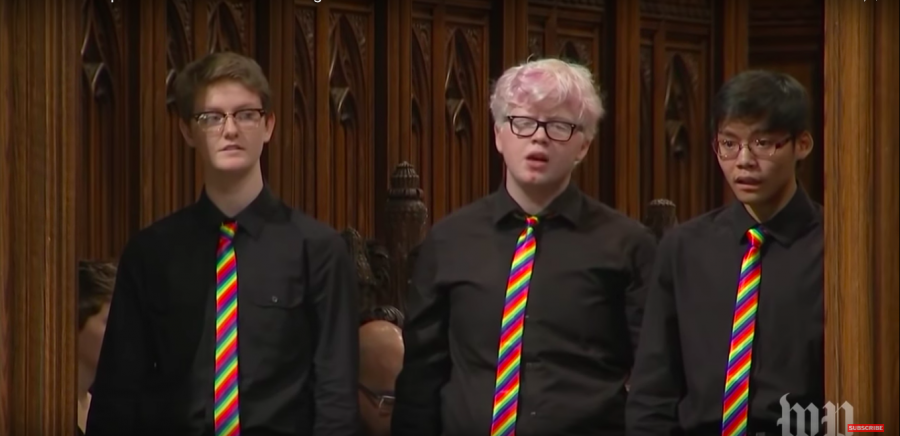 Sophomore Brennan Connell (right) sings at the interment of Matthew Shepard’s ashes at the National Cathedral Oct. 26. Connell sang as a part of GenOUT Youth Chorus.
