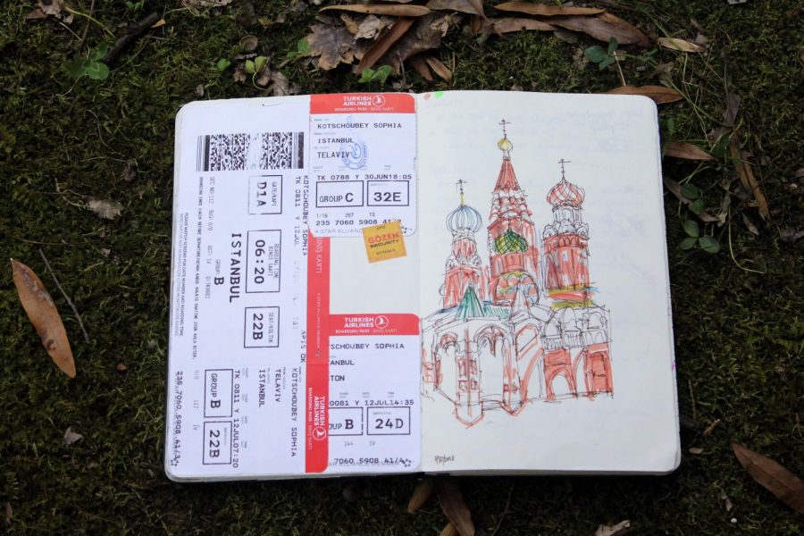 Junior Sophia Kotschouby used train tickets and drawings to decorate her bullet journal. Many students have started using bullet journals as a way to organize their ideas.