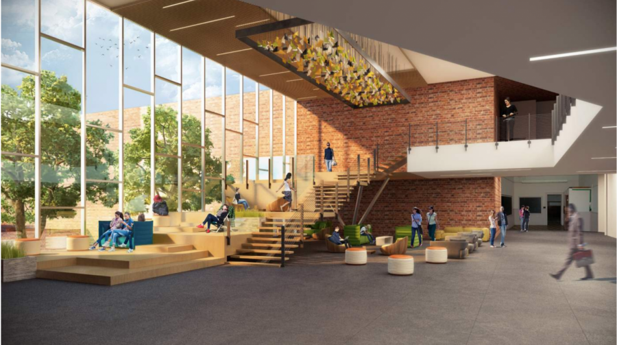 A digital rendering illustrates what the common area will look like when Whitmans renovation is completed in 2021. The completed addition will include a three-story building to replace Whittier Woods, an auxiliary gymnasium and a common area to link the main building to the new wing.