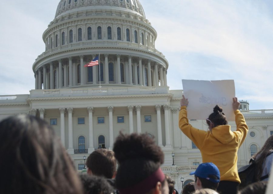 A student holds up her sign in front of the Capitol. Students marched to the White House and then to the Capitol to hear speakers. 