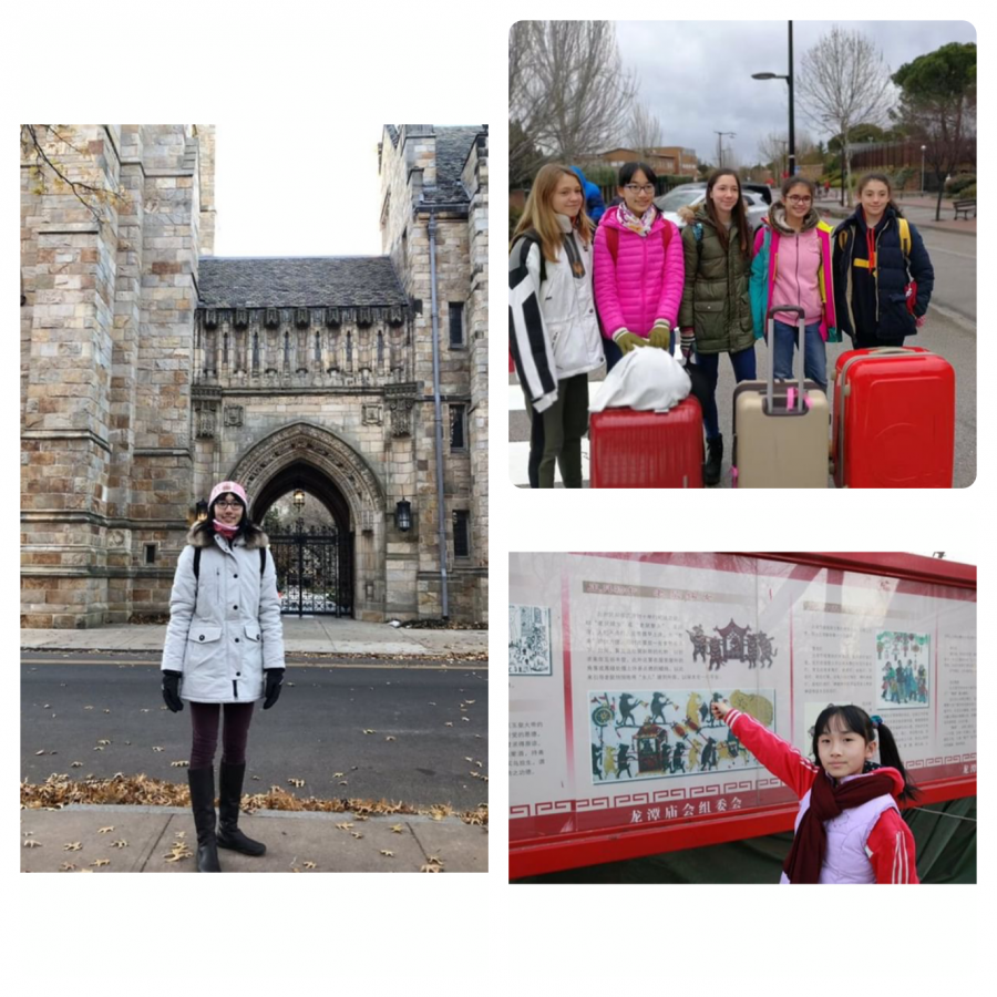 Betty Zhu has lived in three countries, two continents, and different hemispheres. Zhu’s dad is a diplomat. In the left photo, Zhu stands in Boston where she admires the architecture. In the top right photo, Zhu is surrounded by her friends in Spain before they go on a ski trip. On the bottom right photo, Zhu points to a sign that showcases some local history in China. Photo courtesy of Zhu.