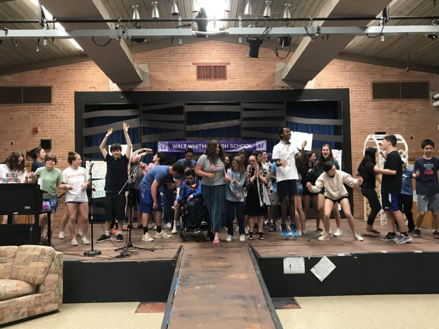 Best Buddies talent show participants celebrate with a dance party. The talent show featured 15 acts from groups of three to five performers.