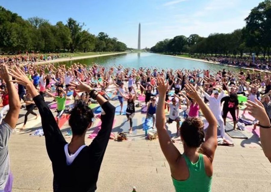 Facing the Washington Monument, yoga-lovers stretch their arms at the Yoga on the Mall event in D.C. Despite record temperatures, participants relaxed and enjoyed the 14th annual yoga class. Photo courtesy Lisa Feldman.