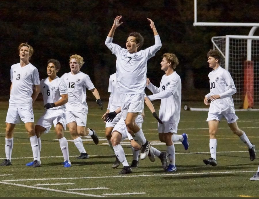 The boys soccer team celebrates a goal in the teams 1–0 win over Wootton. Photo courtesy of the Whitman Mens Varsity Soccer instagram. 