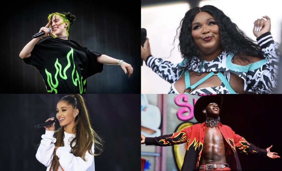 (Clockwise from top left) Billie Eilish, Lizzo, Lil Nas X and Ariana Grande perform. All four artists are nominated for Grammy awards this year. 