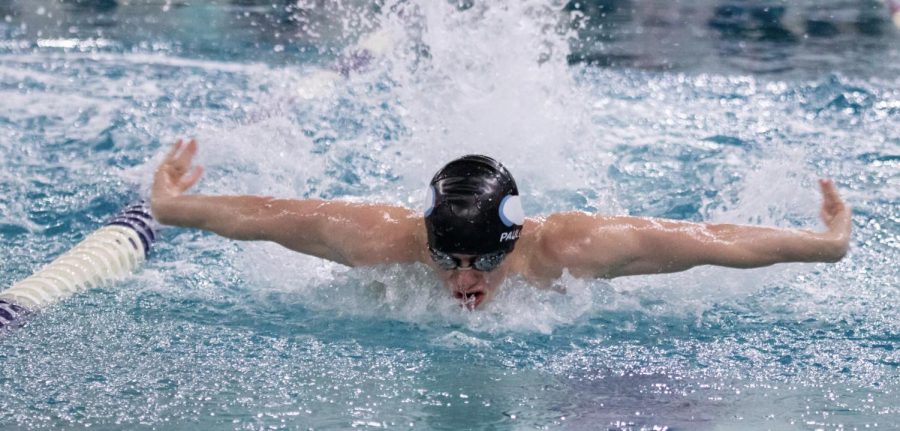 Senior captain Michael Paulos swims the butterfly in the swim and dive teams divisional meet.