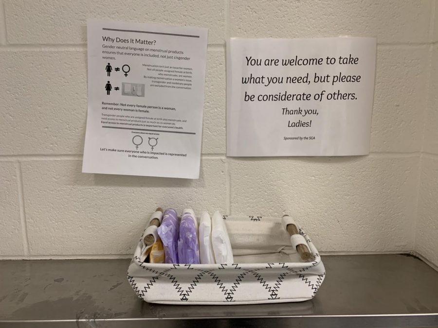 A basket of feminine hygiene products on the shelf in the girls bathroom on the second floor.