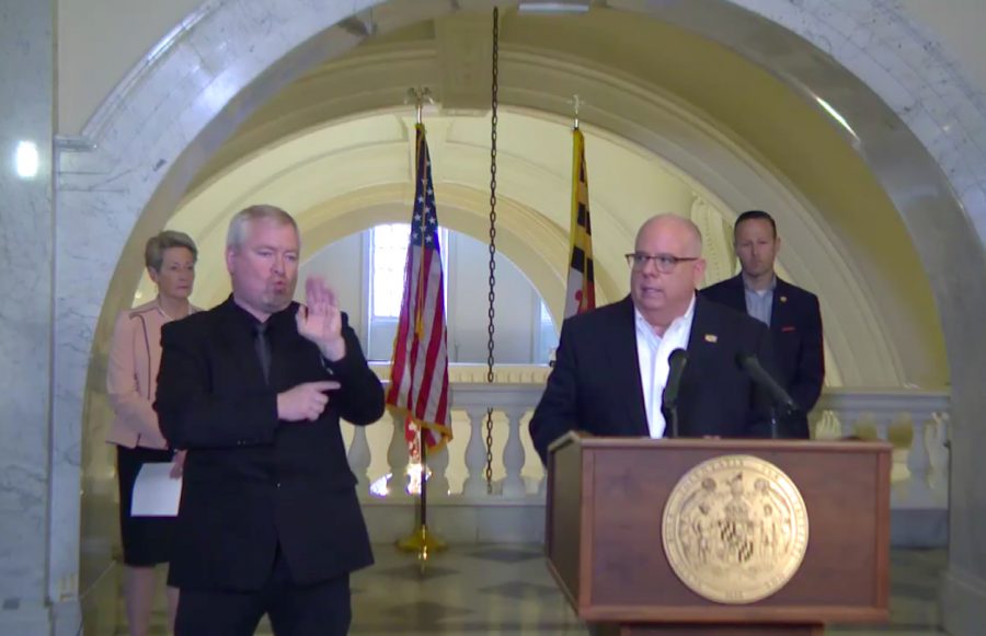 Governor Larry Hogan at his press conference March 25. Maryland’s previously mandated two week public school closure until March 27 is now extended for an additional four weeks until April 24.