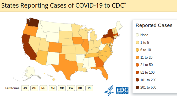 A map of the COVID-19 outbreak in the United States. 
