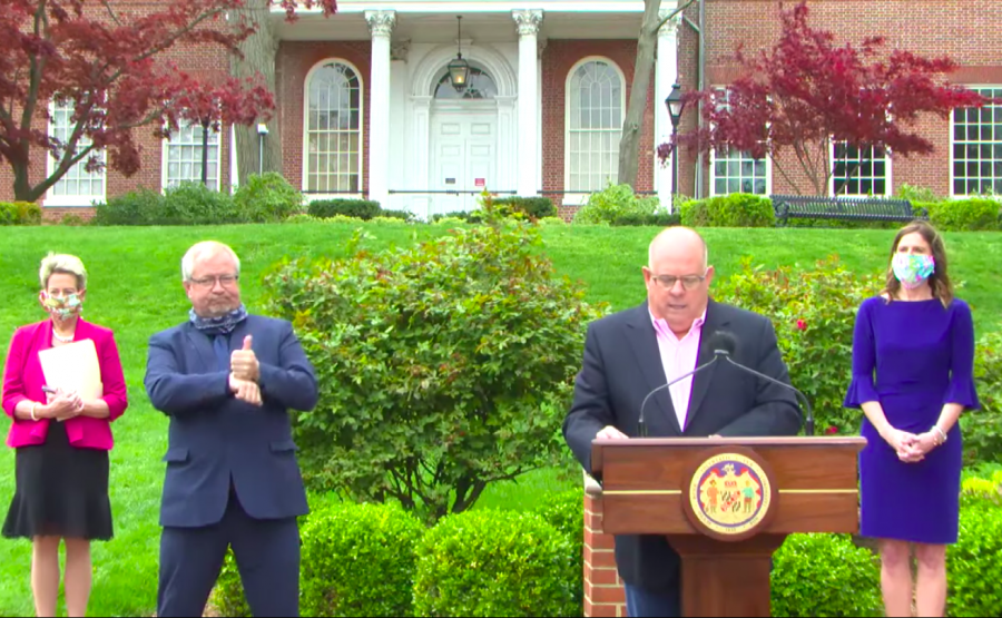 Governor Larry Hogan during his press conference April 17. Schools will remain closed through May 15 due to the COVID-19 outbreak.