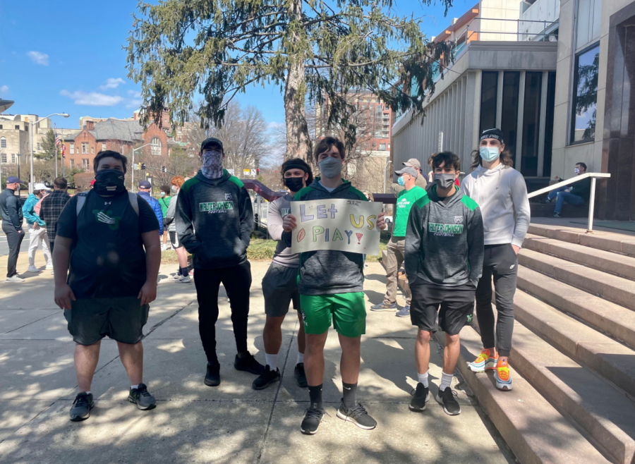 Walter Johnson high school football players pose for a photo at the March 14 “Let Us Play” rally. About 100 MCPS student athletes, parents and coaches gathered to protest restrictions on sports, despite coronavirus outbreaks on Whitman teams. 